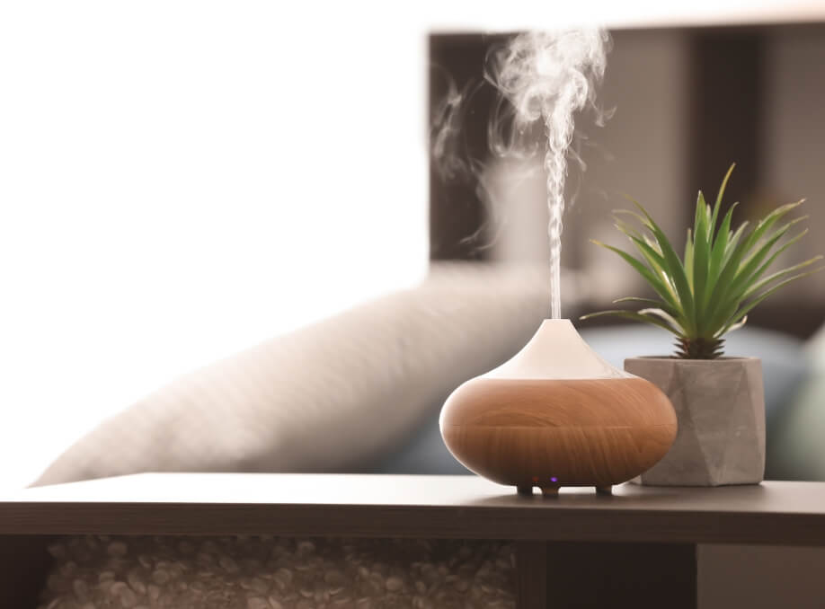 Ultrasonic aromatherapy diffuser releasing mist next to a small succulent in a concrete pot, creating a tranquil atmosphere.